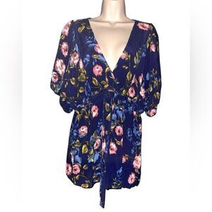MOTHERHOOD. MATERNITY Navy Floral Tie Front Blouse Large Elastic Under chest